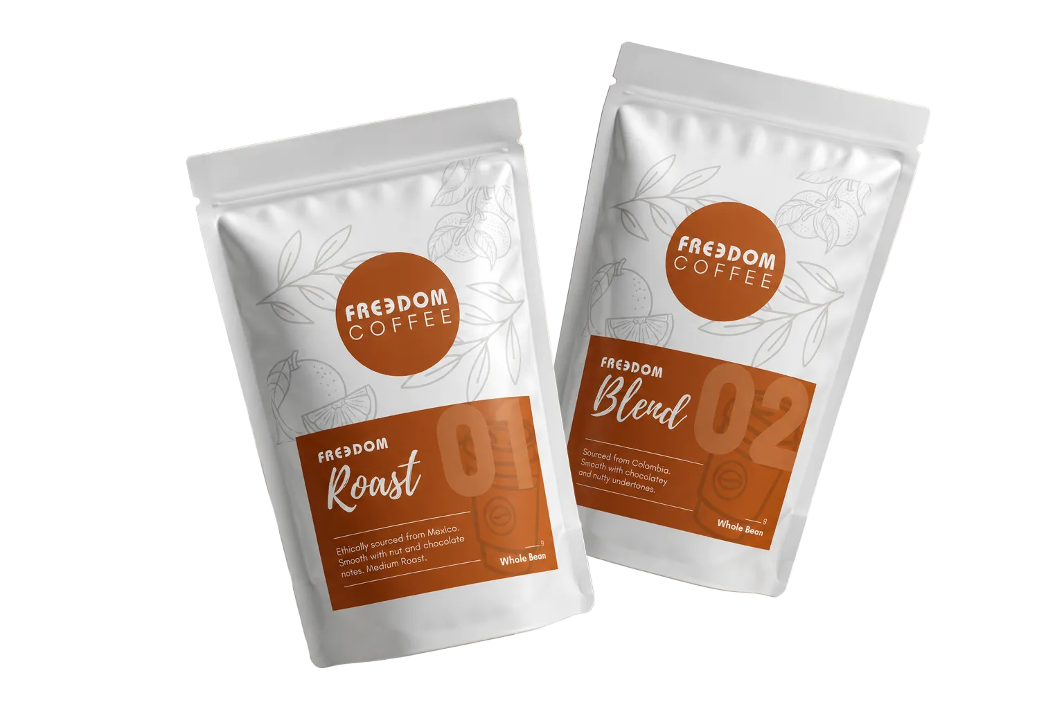 Two Freedom Coffee bags, Roast 01 and Blend 02